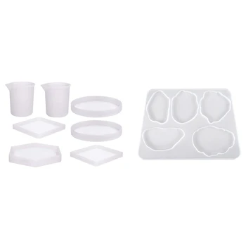 

5pcs Coaster Molds Round Hexagon and Square with 2 Measurement Cup & 1pcs Agate Slice Silicone Coaster Mold with 5-Cavit