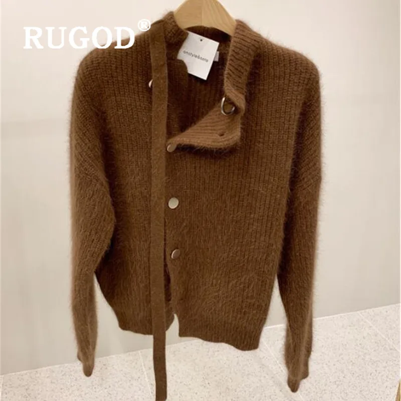 RUGOD свитер с высоким воротом на шнуровке, кардиганы для женщин, однобортный однотонный трикотаж, корейский стиль, винтажное элегантное вязаное пальто, модное