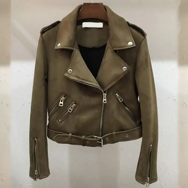 New Suede Leahter Jacket Women Fall Zipper Vintage Biker Jacket Ladies Turn-Down Collar Belt Short Coats Outwear