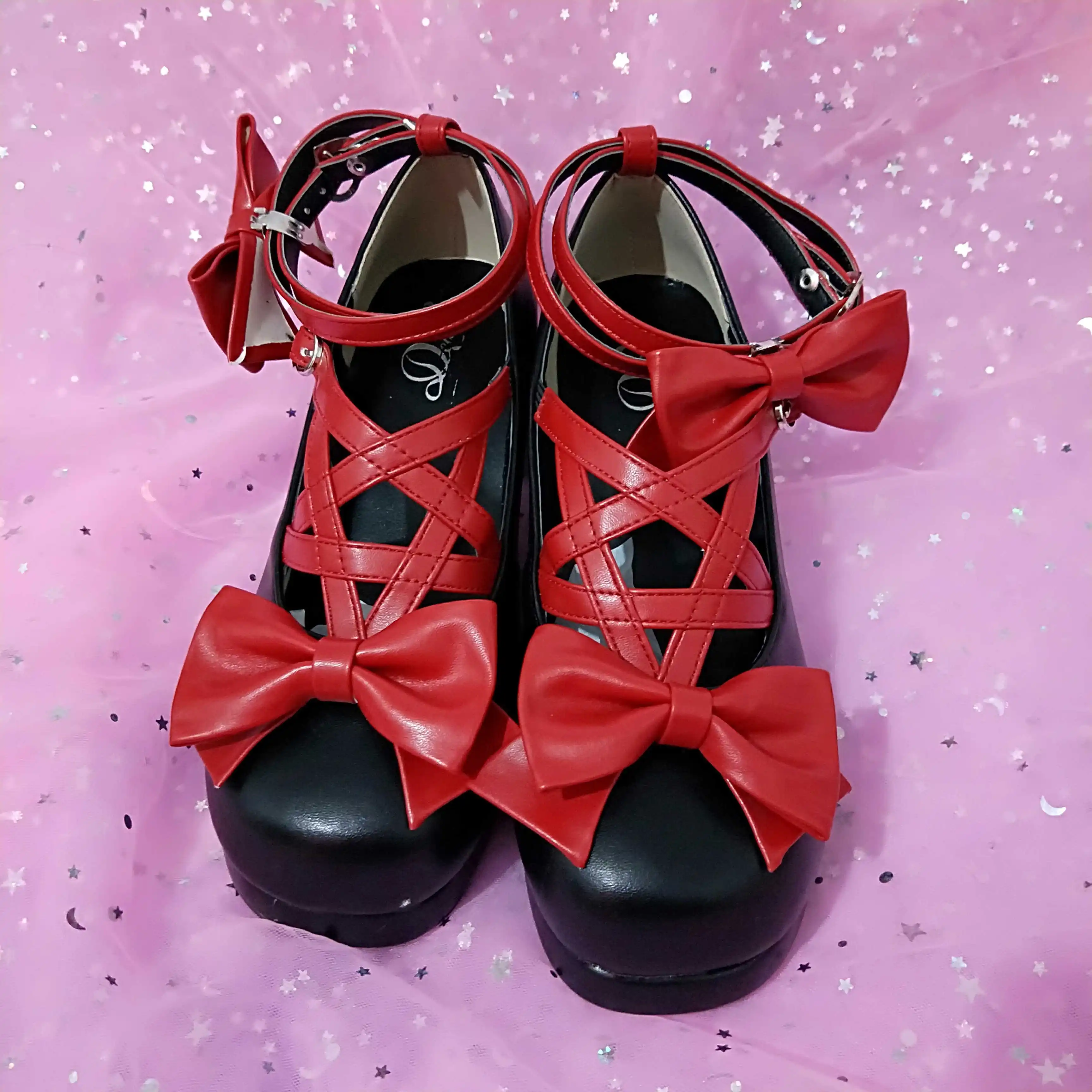 

Sweet lolita shoes vintage round head fashion women shoes cute bowknot cross bandage kawaii shoes loli cosplay kawaii girl