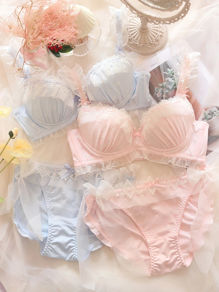 Japanese cute girls bra set fresh blue water-soluble lace sexy bralette suit underwired bows gathered large size bra underwear