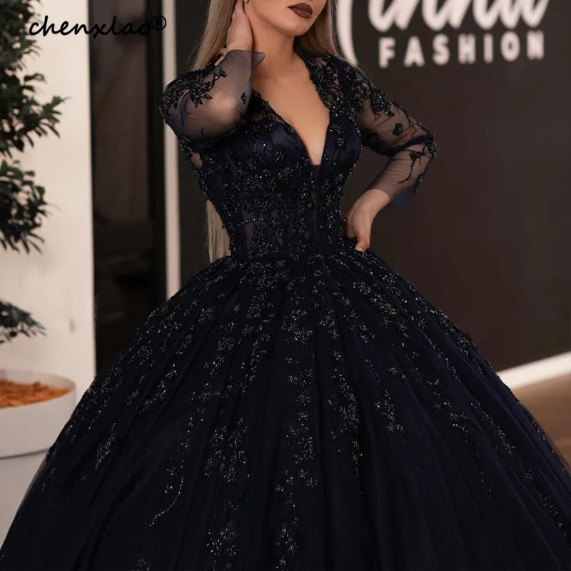 Robe de soiree/черные вечерние платья г. С глубоким v-образным вырезом и длинными рукавами, длинное вечернее платье с подъюбником, вечерние платья, бальные платья