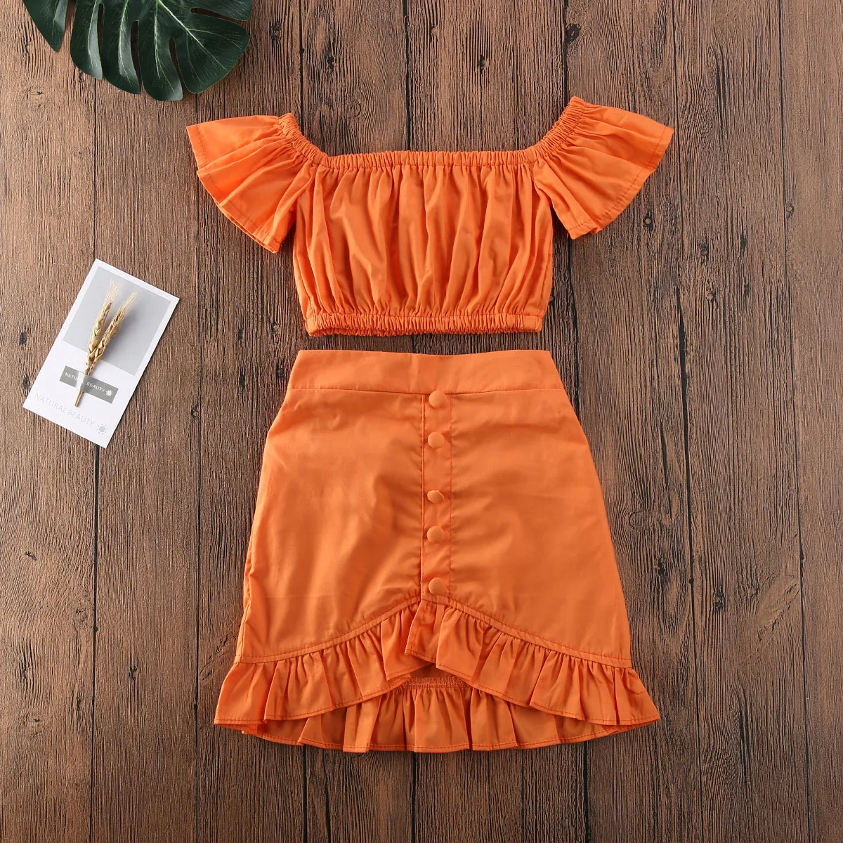 

1-6Y 2PCS Baby Girls Clothes Sets Orange Off Shoulder Tops Crop Ruffle A-Line Skirt Outfit Toddler Kids Clothes Party Costume