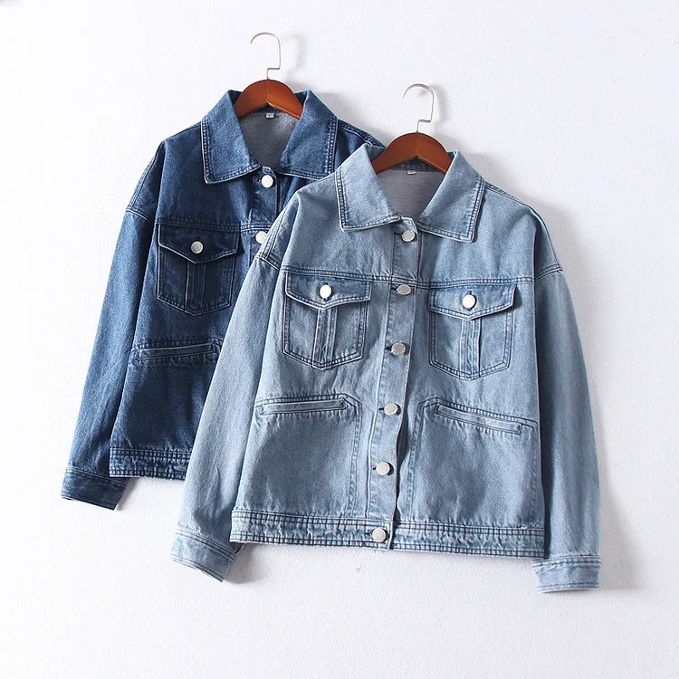 

2019 Autumn & Winter New Style Retro Simple Solid Color Retro Fold-down Collar Loose-Fit Slimming Workwear Jeans Coat Women's