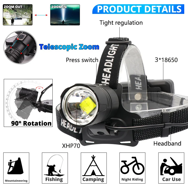 Cena Super jasne led XHP70.2 żółty biały reflektor reflektor USB akumulator głowy latarki XHP latarnia wykorzystanie 3*18650 baterii dla ryb