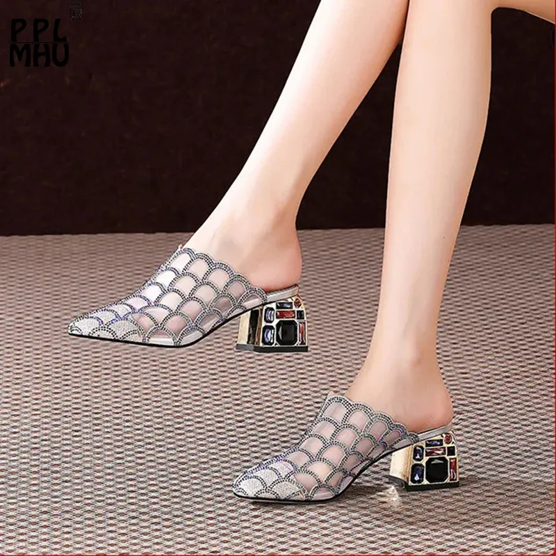 

Pointed Summer Slippers Fashion Rhinestone Mesh Comfort Breathable Office Shoes Sexy Square Heel Party Shoes Designer Slides