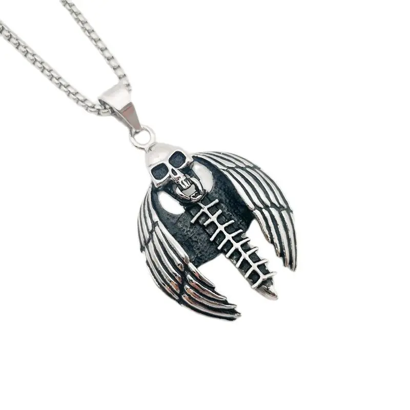 Vintage Silver Angel Wings Cross Skull Pendant Necklace Gothetic Mens Cool Fashion Devil Skelenton Jewelry | Украшения и