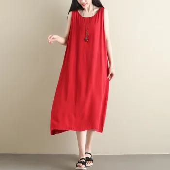 

2019 Spring and Summer Artistic Versatile Loose Cotton Linen Fat mm Solid Color Sleeveless Base Skirt Dress WOMEN'S Dress