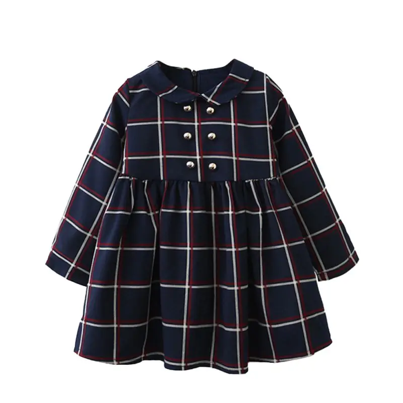 Blue Grid Girls Dress Button Autumn Winter Kids Clothes School Uniform Style Long Sleeve | Детская одежда и обувь
