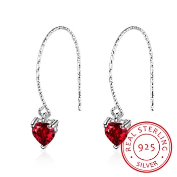 

New Fashion 925 Sterling Silver Earrings For Women Red CZ Heart Long Tassel Earrings sterling-silver-jewelry S-E481
