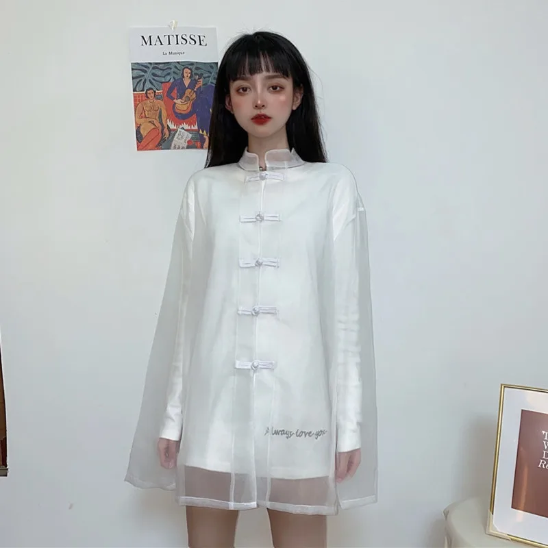 Chinese Style Blouse Harajuku Hanfu Women Clothing China Tops Tang Suit Vintage Net Yarn Transparent Blusas Mujer Streetwear New