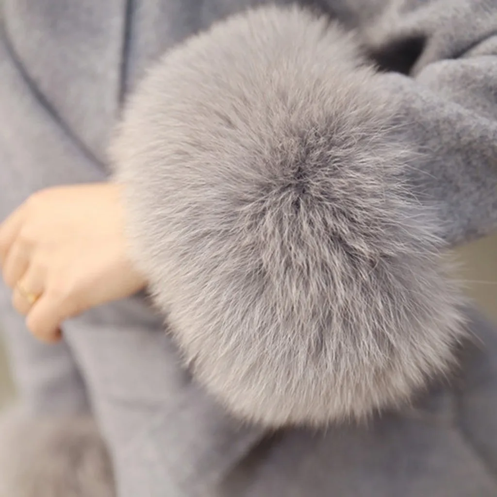 Женское шерстяное пальто размера плюс 4XL зимнее однотонное пальто с поясом и длинным меховым рукавом кашемировое шерстяное зимнее пальто