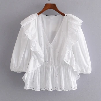 

Elegant Ruffled Cotton Blouse Women V-neck Embroidery Female Summer Tops Shirts Half Sleeve Office Ladies White Tops
