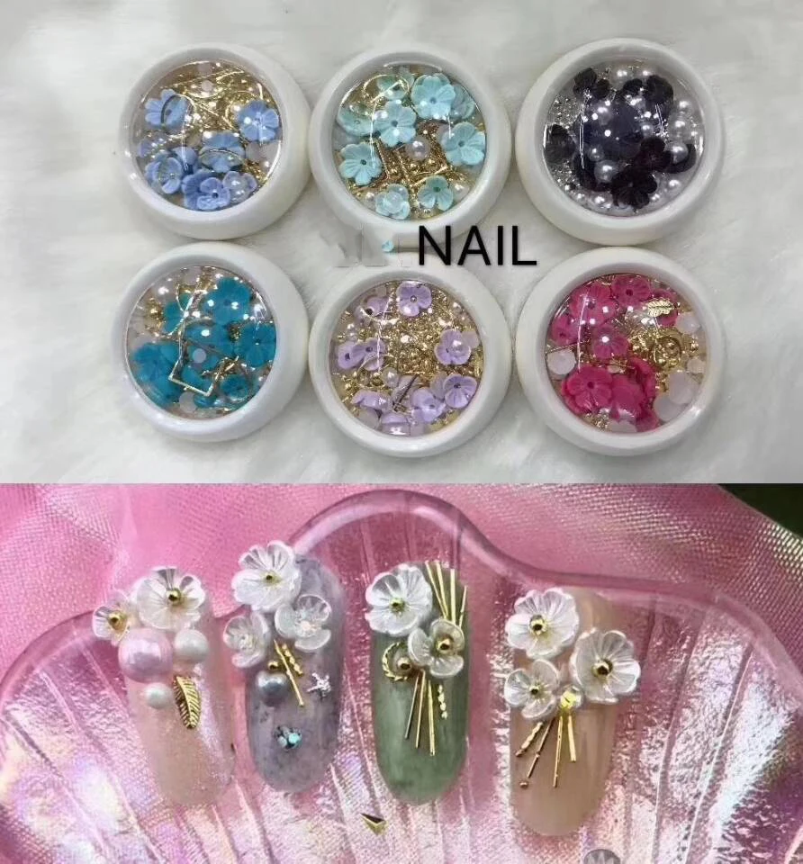 

1 jar Mix-Designs nail art studs 6 Types 3D Gems Stud Charm Rhinestones Rivet Mixed Flower Studs Rhinestone Nail Decoration BR2