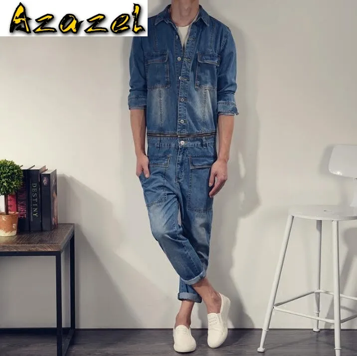 

Japanese style men's Retro casual jumpsuit Men slim denim jacket Korean version onesies young mens Fashion suspender trousers
