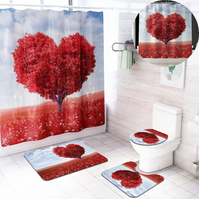 

heart tree bathroom shower curtain 4pcs curtains set with rug waterproof bath screen for bathroom cortinas para bano DW030