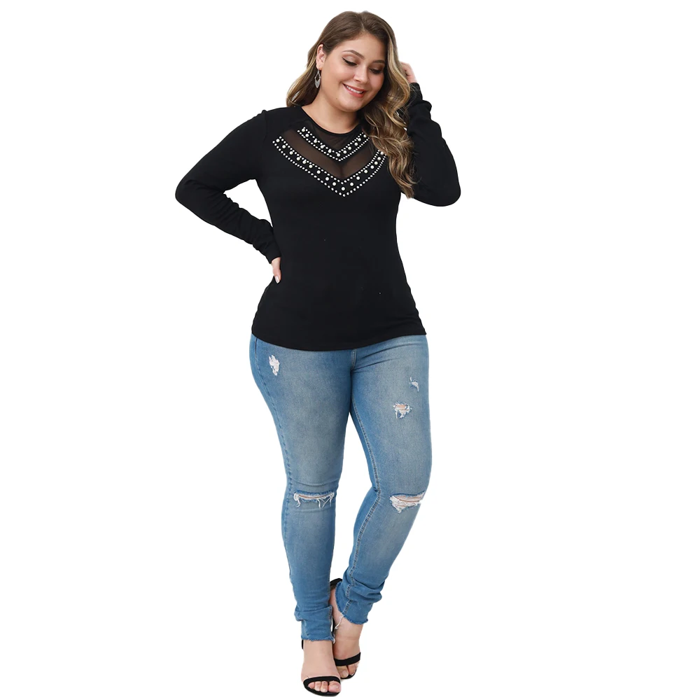 Kaufen Plus Größe Frauen Grundlegende Top L 6XL Schwarz Perlen T Shirt Frauen Elegante Schlanke T shirt Femme Langarm t shirt Strick mujer D30