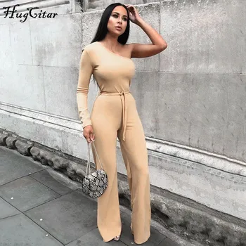 

Hugcitar 2019 one-shoulder long sleeve sexy jumpsuit autumn winter women belt pure streetwear outfits body