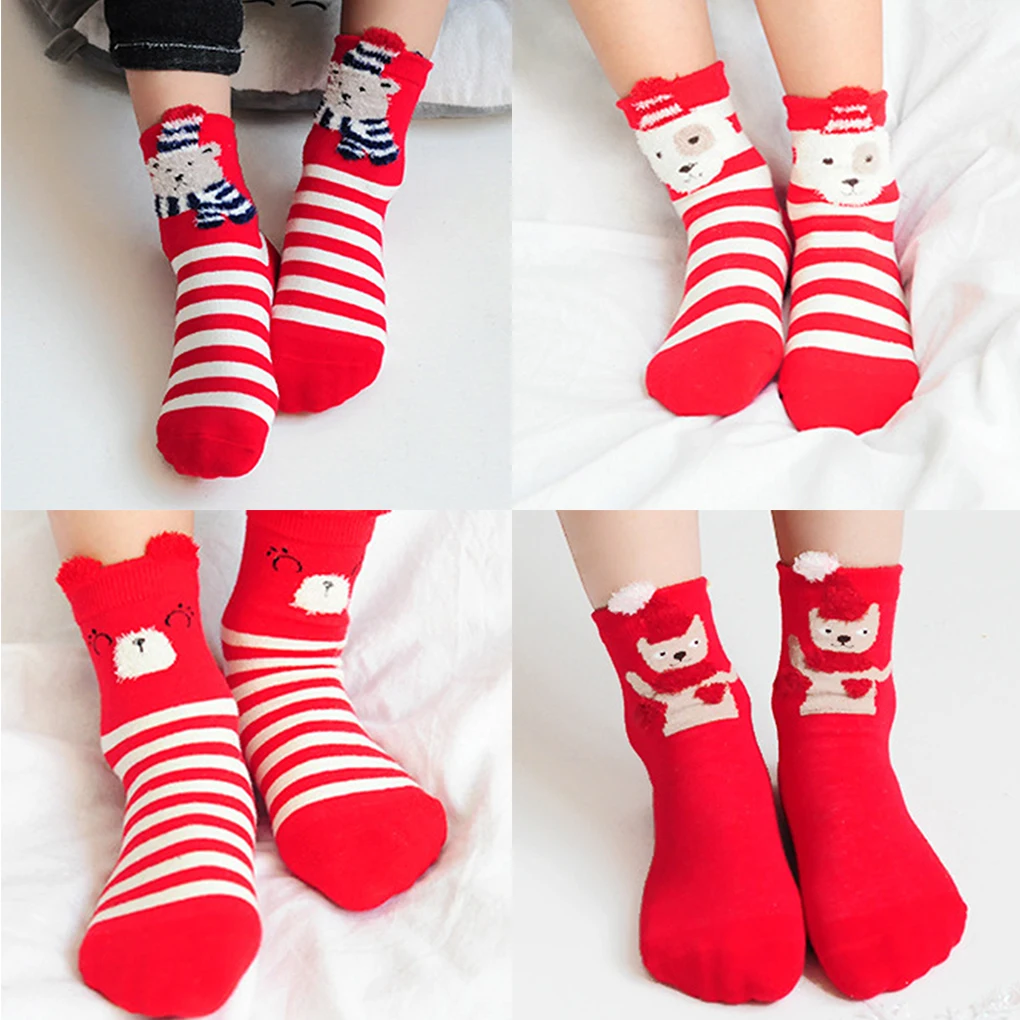 4 Pairs Cute Children Cartoon Printed Animal Socks Breathable Kids Mid Calf High Socks Christmas New Year Gift