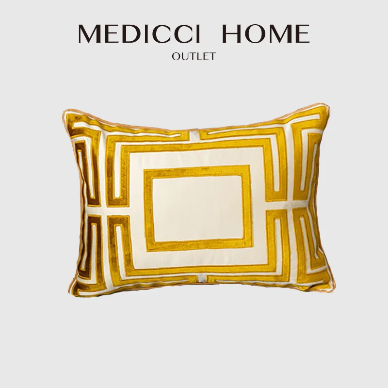 Medicci Home Gold Geometry Lumbar Pillow Case Chic Style Cut Velvet Embrodiered Rectangle Cushion Cover Luxury Coussin 35x50cm