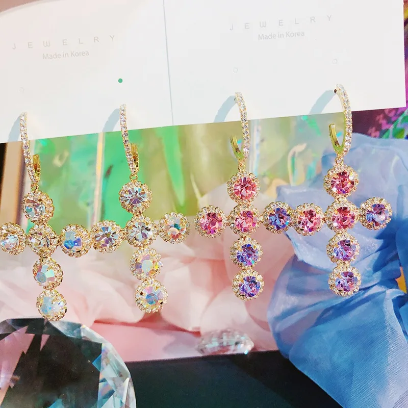 MENGJIQIA Korean Luxury Shiny Rhinestone Circle Hoop Earrings For Women Girls Cross Colorful 