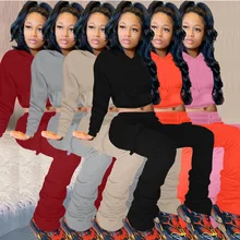 

2022 New Fleece Knitted 2 Piece Set Women Cropped Hoodie + Bodycon Stacked Sweatpants Pocket Cargo Pants Sports Jogger Female