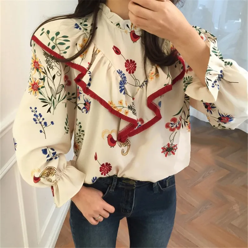 Vintage Fashion Floral Women Blusas 2021 Korean Style Ruffles Patchwork Half Turtleneck Blouse Flare Sleeve Spring Shirts 64211 | Женская