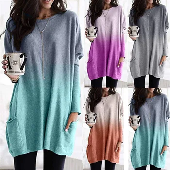

2020 Summer And Autumn New Women's Casual Pocket T-Shirt Gradient Long Sleeve Pocket T-Shirt Women's 5XL Plus Large Size Top