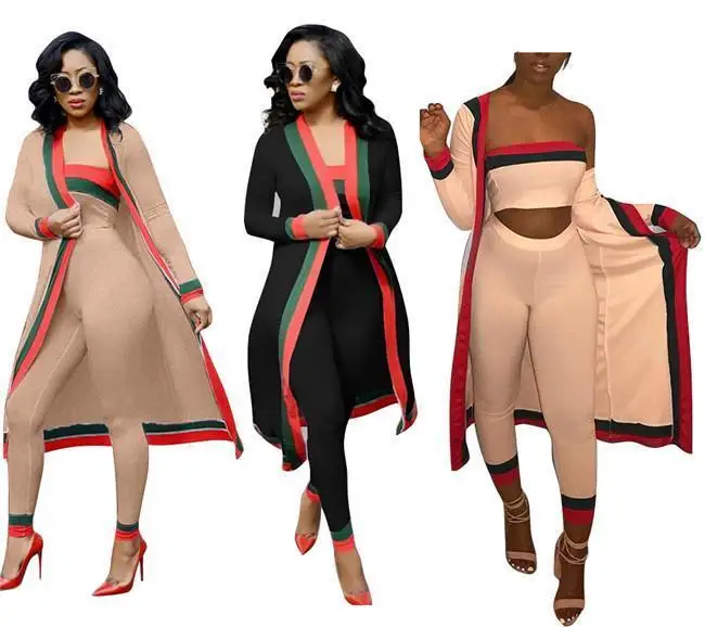 

2019 New Arrival Black Striped 3 Pieces Sets Casual Outfits Long Cloak Strapless Overalls Bodysuit Women Clothing Sets Costumes