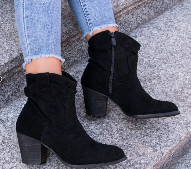 

[GOGD]Ankle Boots for Women Autumn Winter Cowboy Boots Women Slip on Wedge High Heel Boots Brown Black Suede Shoes Botas