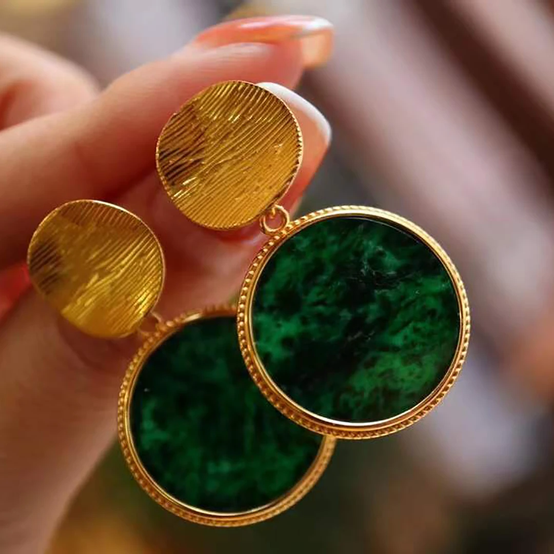 

Natural A Jade Earrings Female Retro Temperament Dinner 925 Silver Plated 24K Gold Inlaid Fine Jewelry For Women Party Gift