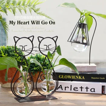 

Cute Cat New Eco-friendly Tabletop Plant Flower Cat Glass Vase with Iron Holder Wedding Decorative Home Decoration Accessories