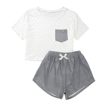 

Dots Print Women Pocket Two Piece Pajama Sets Short Sleeve Tee Shirts Bow Grey Shorts Casual Homewear Suits Pajama Set