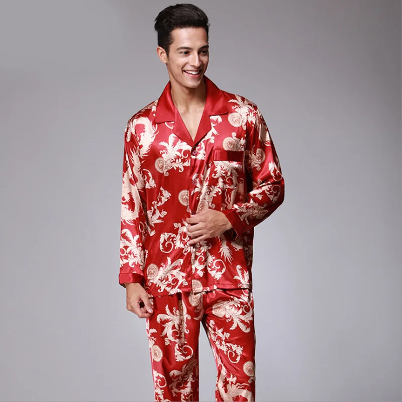 Faux Silk Sleepwear Set V-neck Men's Pajamas for Couples Long Sleeve Male Pajamas Sets Home Clothes for Men Faux Silk Sleepwear Set V-neck Men's Pajamas for Couples Long Sleeve Male Pajamas Sets Home Clothes for Men