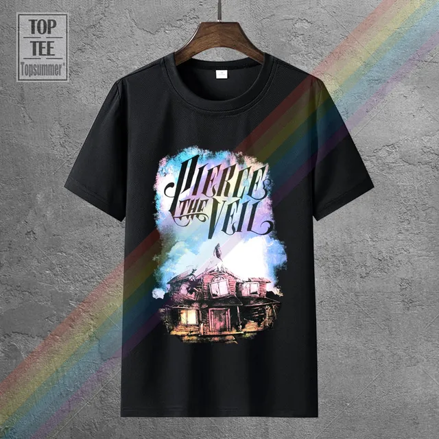 Pierce The Veil Mens T Shirt Ghostie Rising Through Dilapidated House 0013761-Black