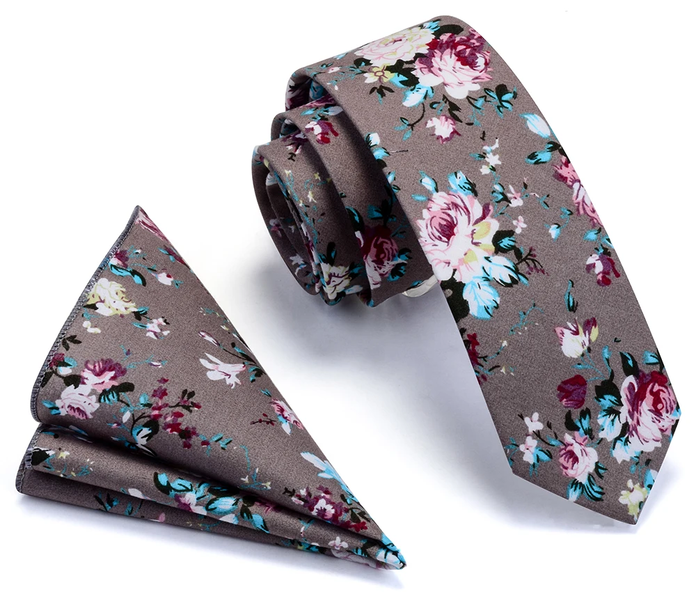 Cotton 6cm Slim Pocket Square Necktie Set Red Bule Floral Print Handkerchief Ties Set For Men Party Skinny Neck Tie Ricnais