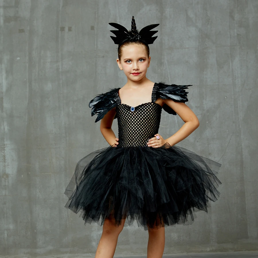 Fallen Angel Dark Gothic Black Halloween Tutu Dress Glitter Wings Girls Halloween Evening Party Ball Gown Evil Witch Costume (6)