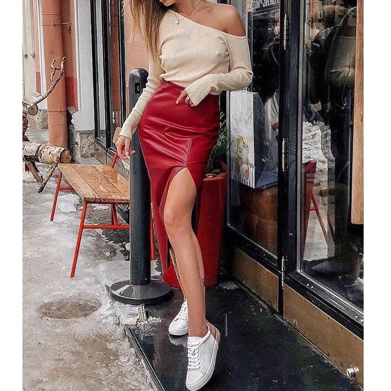 Модная женская юбка с разрезом по бокам, высокая талия, тонкая юбка из искусственной кожи, OL, облегающая длинная юбка макси, красная уличная одежда