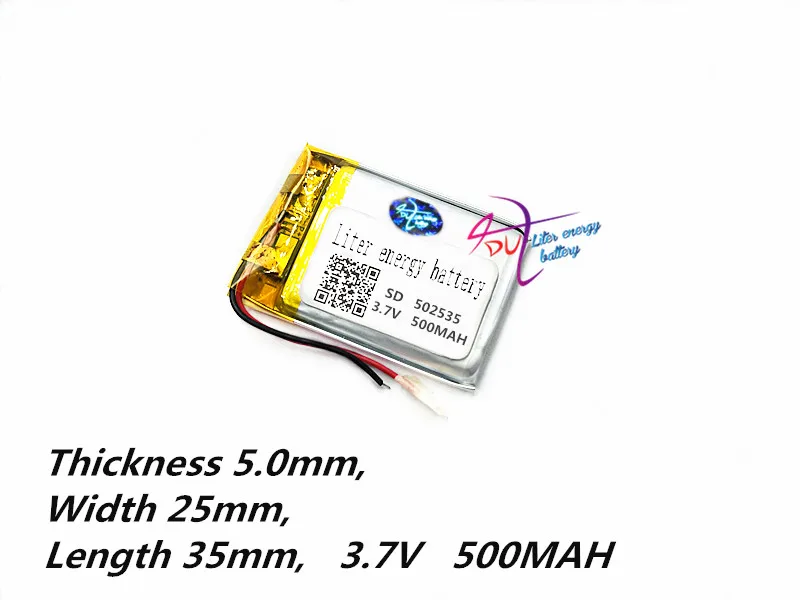 Перезаряжаемая маленькая литий-ионная lipo батарея 502535 3,7 V 500mah литий-полимерная для светодиодных ламп, MP3 MP4 MP5 gps DVD DVR