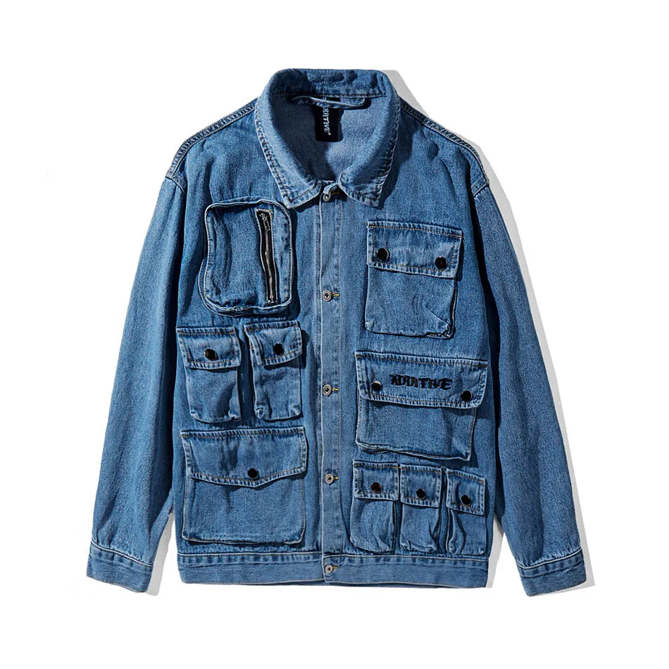 

Mens Windy Pocket Zipper Denim Jacket Black Blue Windbreaker Male High Street Jeans Jackets Mens Chaqueta Hombre Bomber Jacket