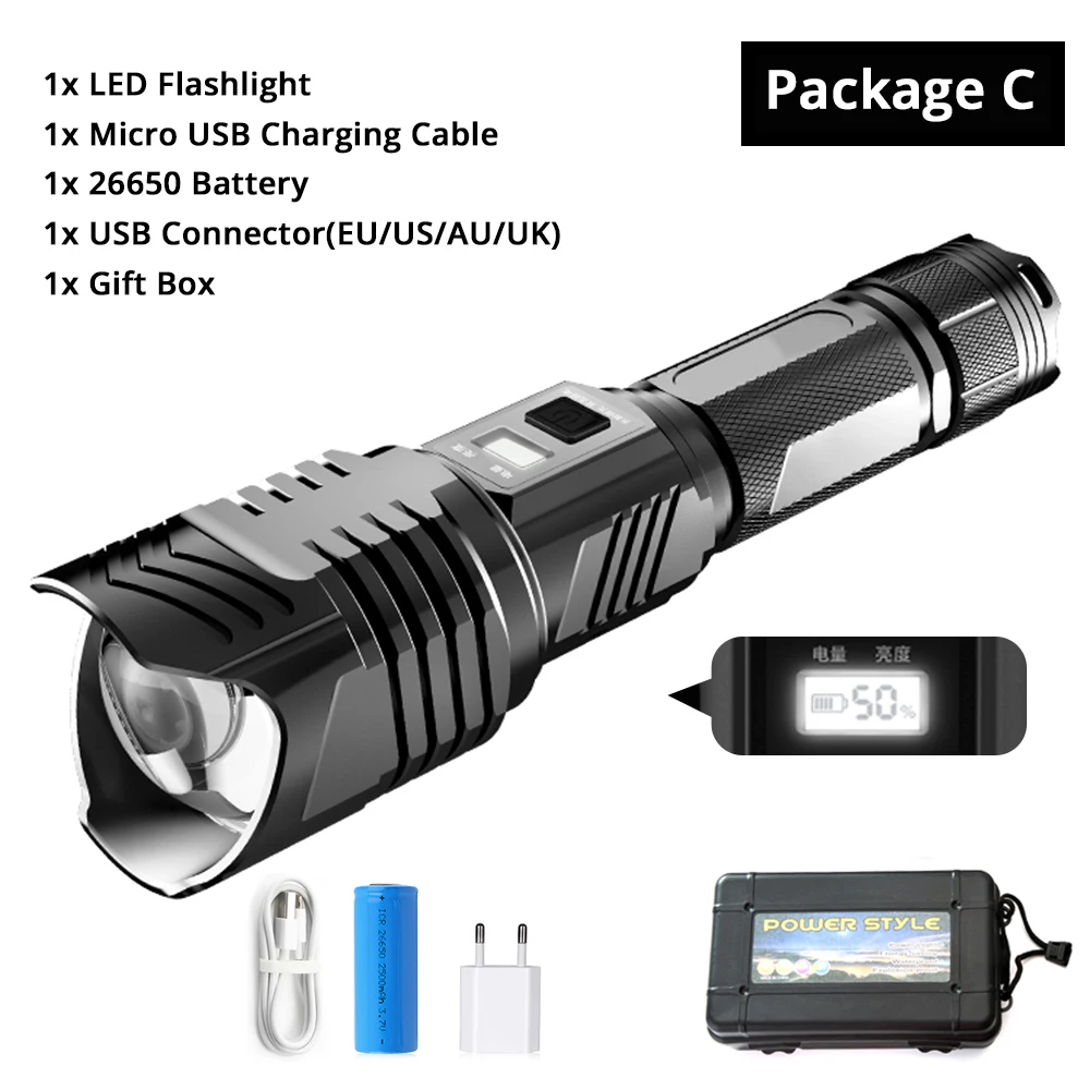 Package C Мощный светодиодный тактический фонарь XHP90, цифровой, бесступенчатый, с затемнением, с дисплеем питания, с зарядкой от USB, с увеличением, для наружного освещения - Испускаемый цвет: Package C