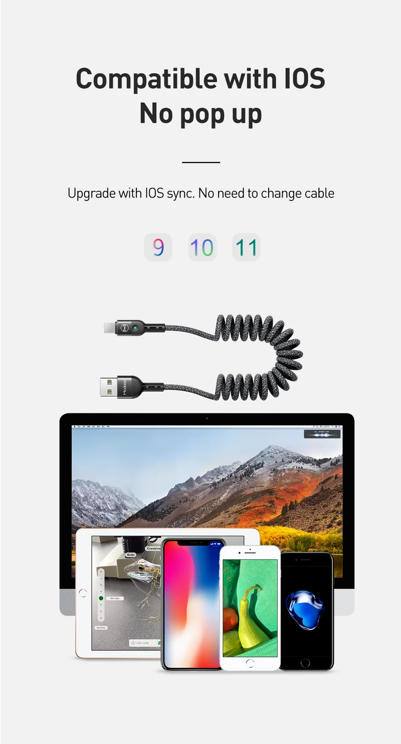 MCDODO 1,8 м пружинный удлинитель для быстрой зарядки USB кабель для зарядного устройства для iPhone XS MAX XR X 8 7 6 Plus USB кабель для мобильного телефона