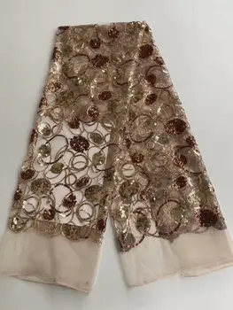 

5yards/lot beautiful embroidered African sequins tulle lace champagne gold French net lace fabric for party dress RRF073
