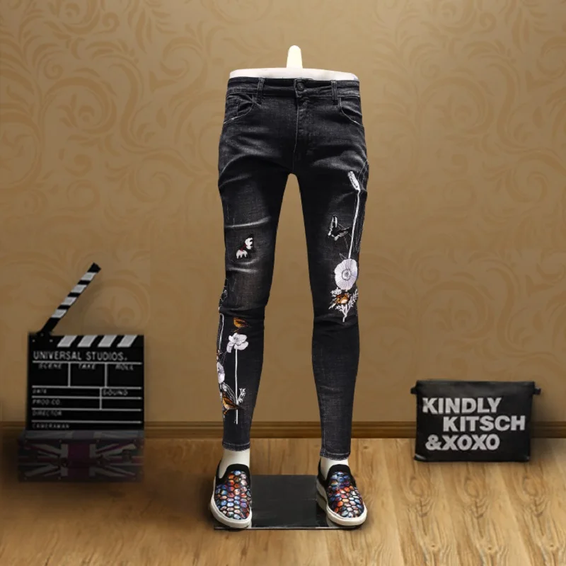 New Arrivals Denim Skinny Jeans Embroidery Flowers Men New Autumn Winter Clothing Cotton Slim Pencil Pants