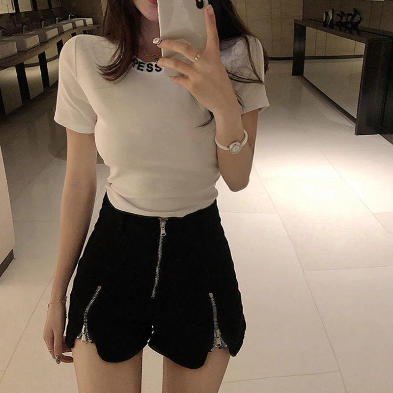 Женская футболка с коротким рукавом, лето, новая сексуальная тонкая короткая футболка, Корейская версия, повседневная облегающая женская рубашка
