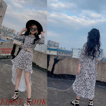 

spring summer two piece set leopard shirt + skirt set girls streetwear buttons up tails skirt kids children outfits 2 to 8 yrs
