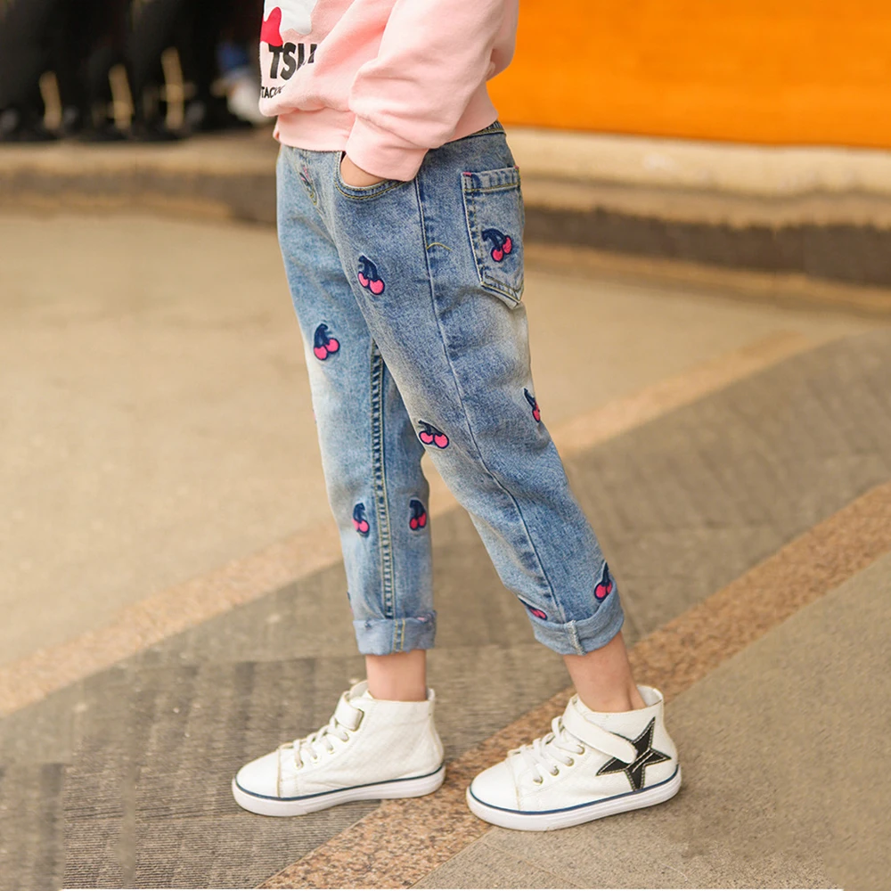HE Hello Enjoy/детская одежда джинсы для девочек, весенне-осенние джинсы для малышей детские штаны эксклюзивные вышитые брюки с вишнями