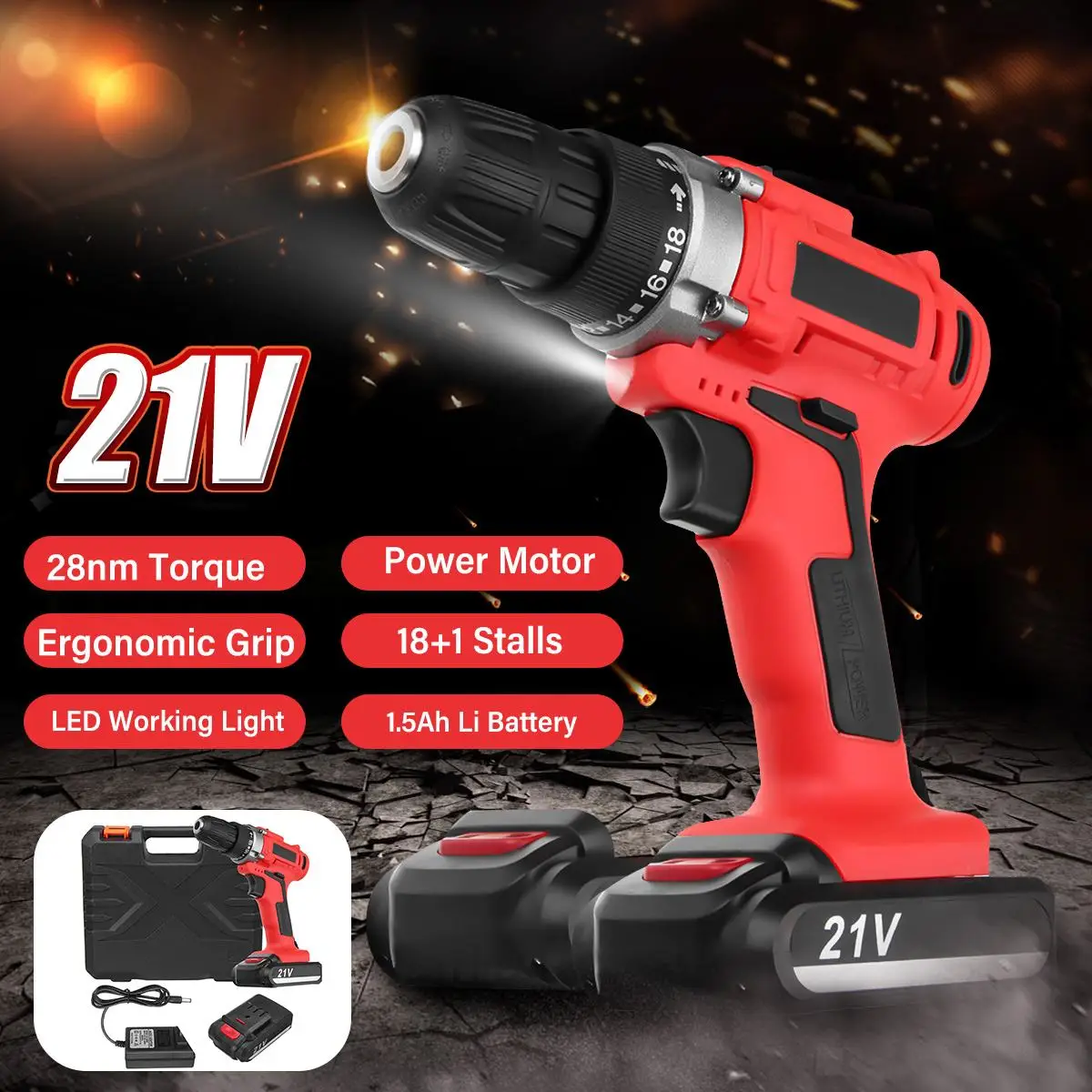 Drillpro 21V 300W перезаряжаемая многофункциональная электрическая ручная дрель литиевая электрическая дрель W/светодиодный Электроинструмент деревообрабатывающий