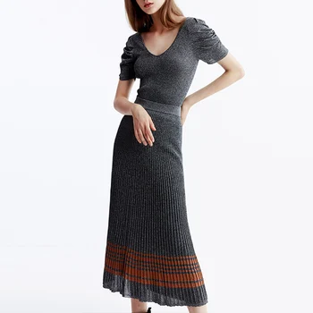 

Shiny Skirt Set Knit Women 2 Piece Set 2020 Summer V-neck Short Puff Sleeve T Shirt + High Waist Midi Skirt Set Two Piece Suit