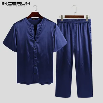 

INCERUN Mens Fashion Pajamas Suits Solid Color Short Sleeve V Neck Blouse Elastic Baggy Pants 2 Pieces Casual Homewear Sets 5XL